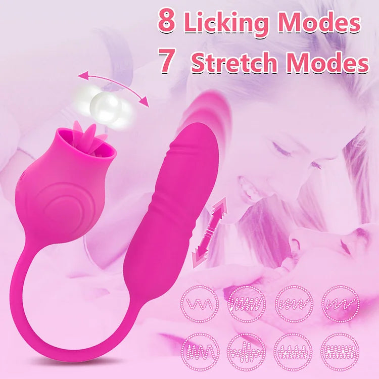 Rose Shape Licking Tongue Vibrator With Nipple Clit Stimulator Thrusting Dildo