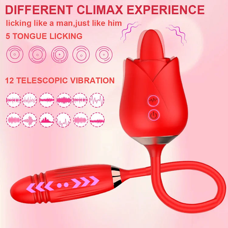 2 In 1 Rose Toy Tongue Licking Rose Vibrator With Telescopic Bullet